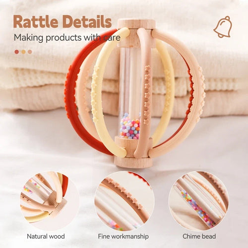Baby Rattle Toy Wooden Rain Drum with Silicone Baby Sensory Touch Toy Newborn Dental Care Gum Anti-Eating Hand Molar Stick Gif (Copy)