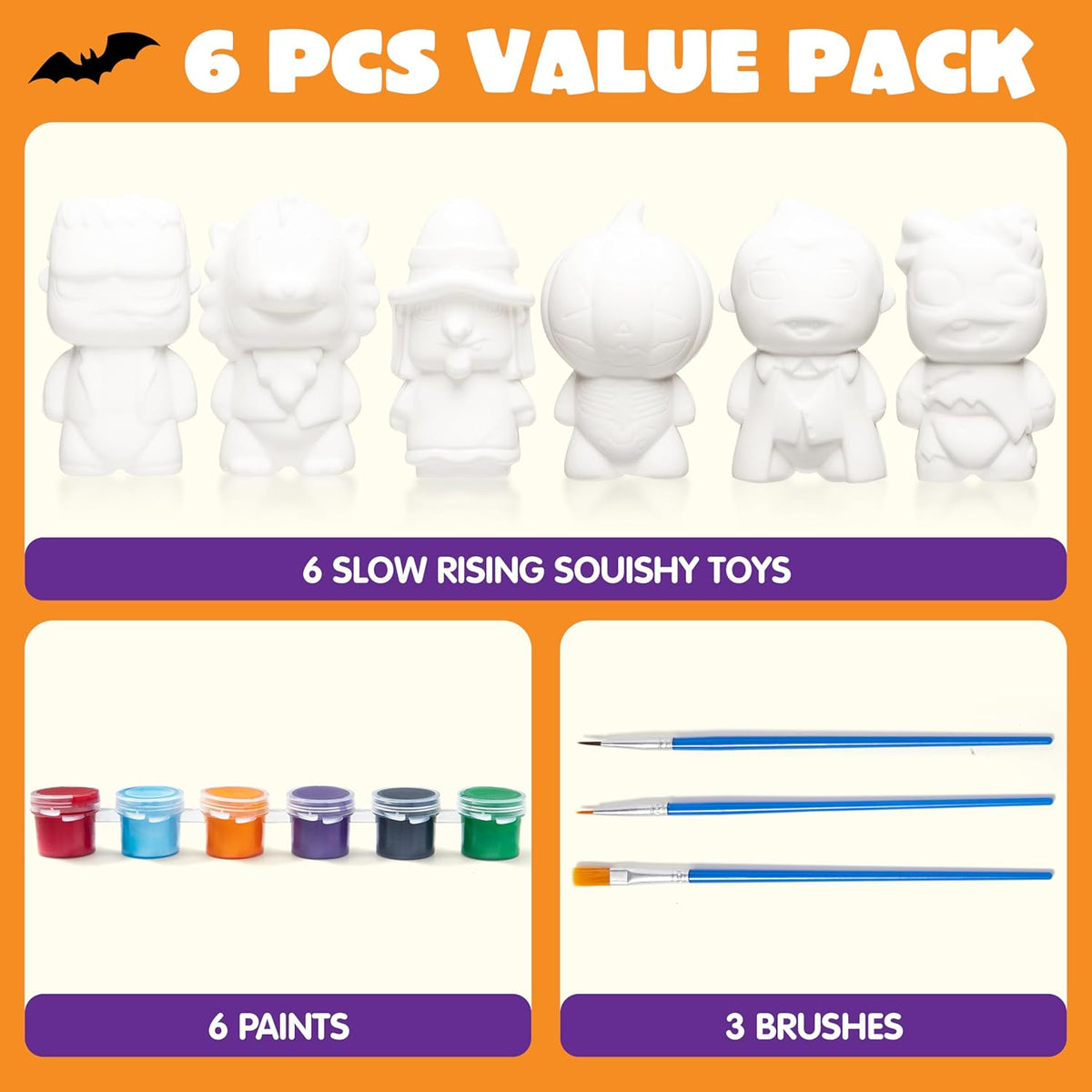 Halloween Squishy Toys Coloring Craft Kit with 6 Different Characters, 6 Colors Paints, and 3 Paintbrushes, Art Craft Painting Kit DIY Set Halloween Party Games for Kids Activities Party Favors