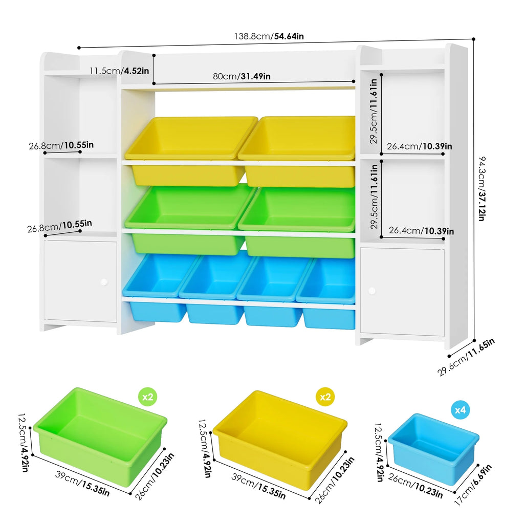 Kids Toy Organization Cubby Bookcase with 8 Bin, 2 Door White Storage Organizer Bookshelf for Children Room Playroom