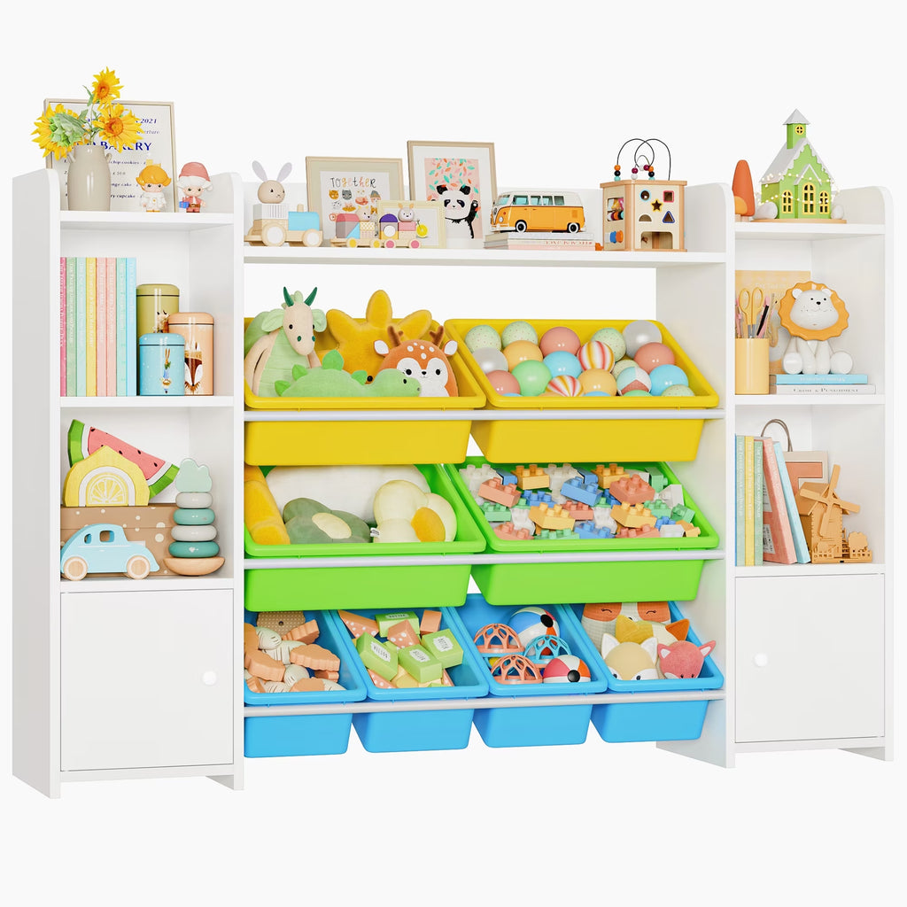 Kids Toy Organization Cubby Bookcase with 8 Bin, 2 Door White Storage Organizer Bookshelf for Children Room Playroom