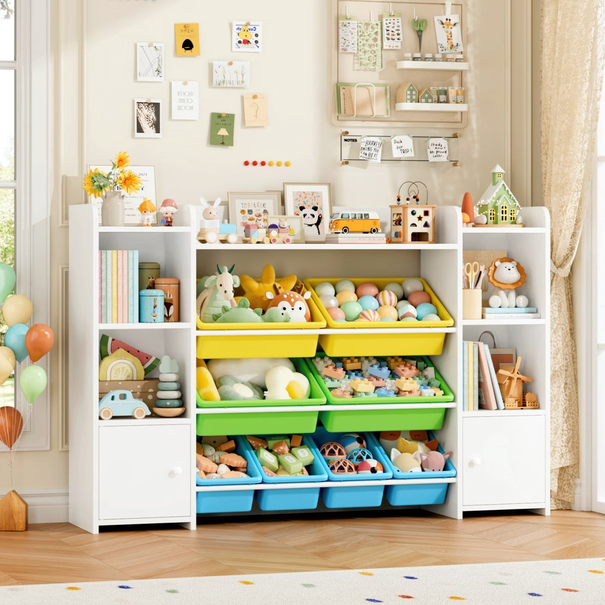 Kids Toy Organization Cubby Bookcase with 8 Bin, 2 Door White Storage Organizer Bookshelf for Children Room Playroom