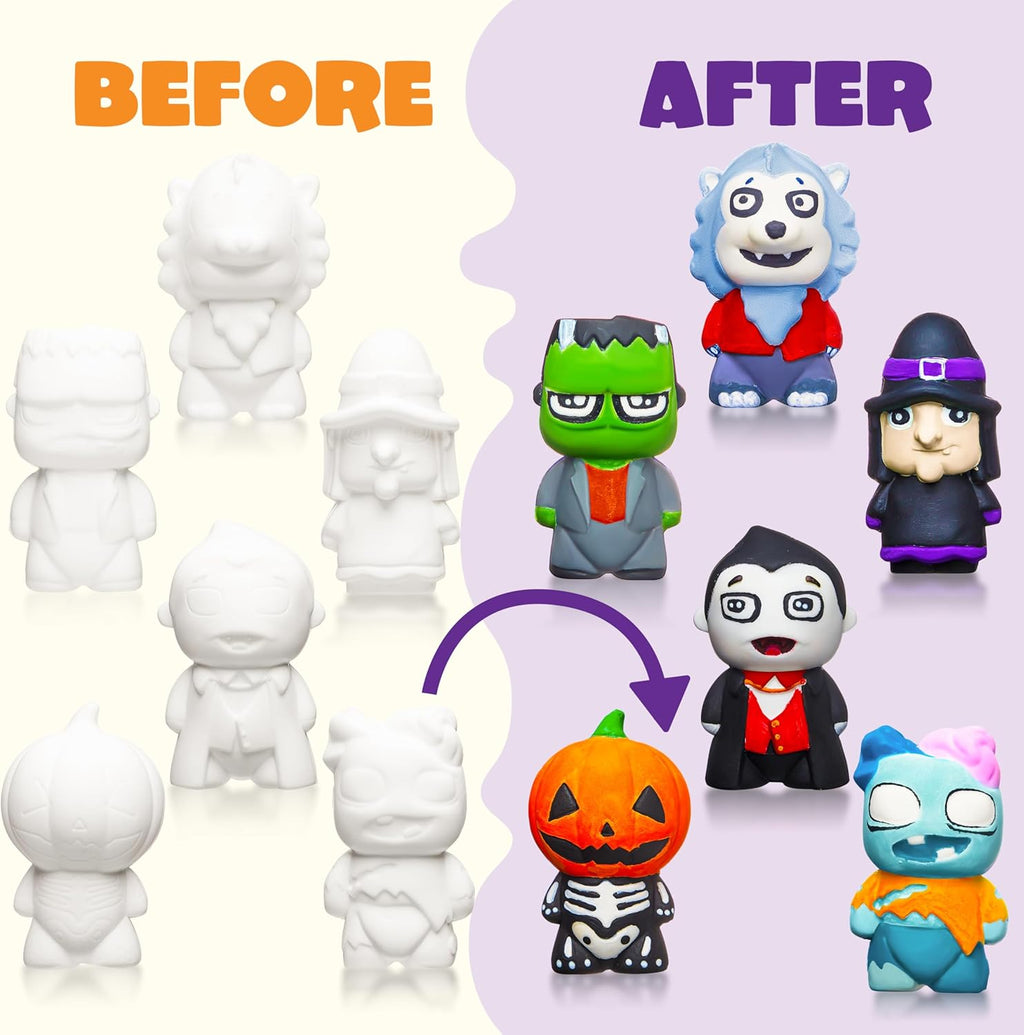Halloween Squishy Toys Coloring Craft Kit with 6 Different Characters, 6 Colors Paints, and 3 Paintbrushes, Art Craft Painting Kit DIY Set Halloween Party Games for Kids Activities Party Favors