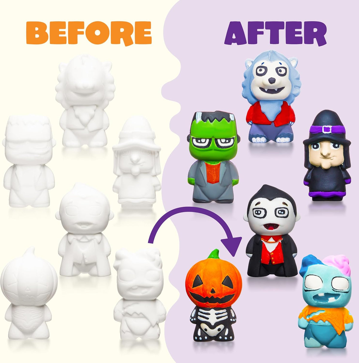Halloween Squishy Toys Coloring Craft Kit with 6 Different Characters, 6 Colors Paints, and 3 Paintbrushes, Art Craft Painting Kit DIY Set Halloween Party Games for Kids Activities Party Favors