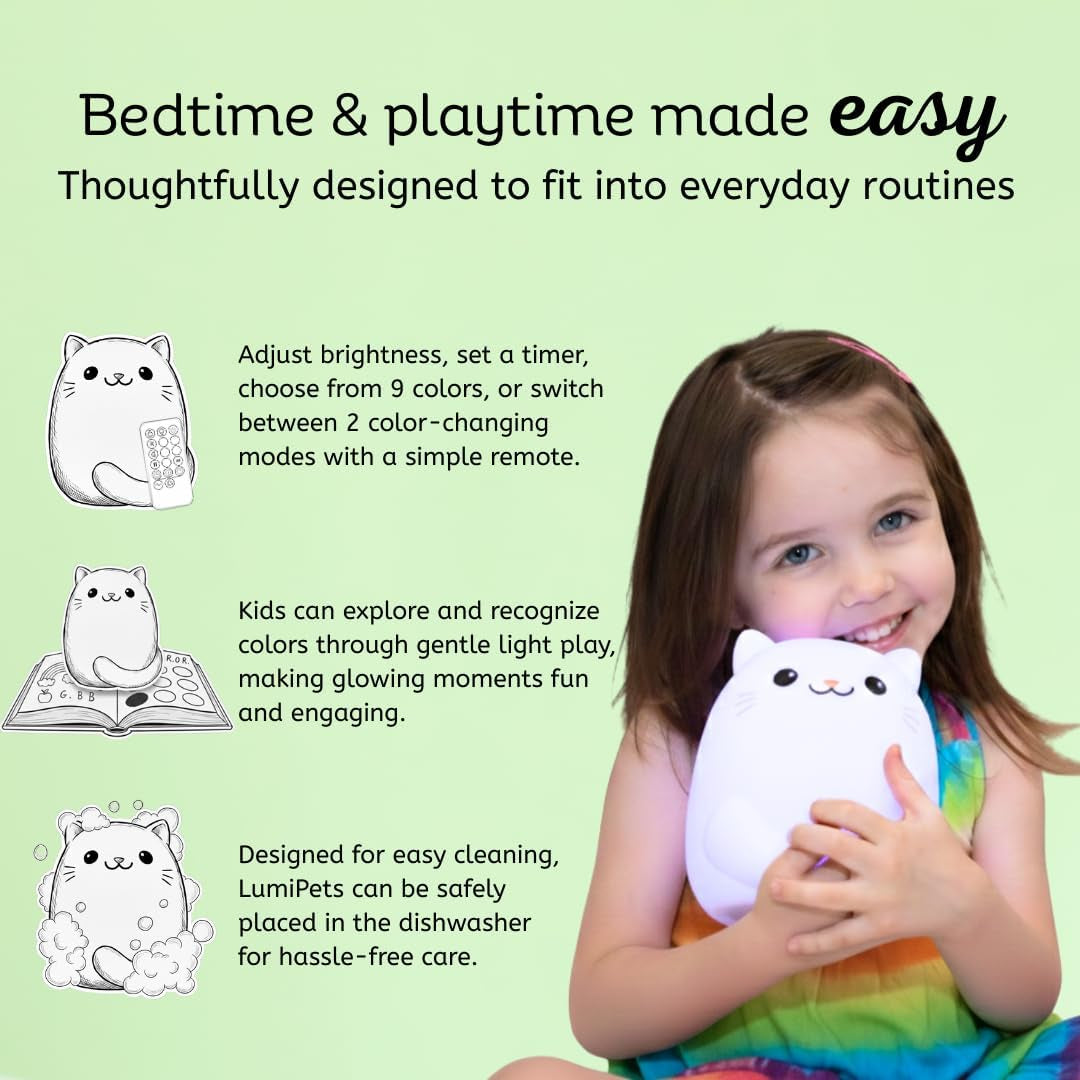 Cat Silicone Night Light for Kids, Squishy Lamp with Remote