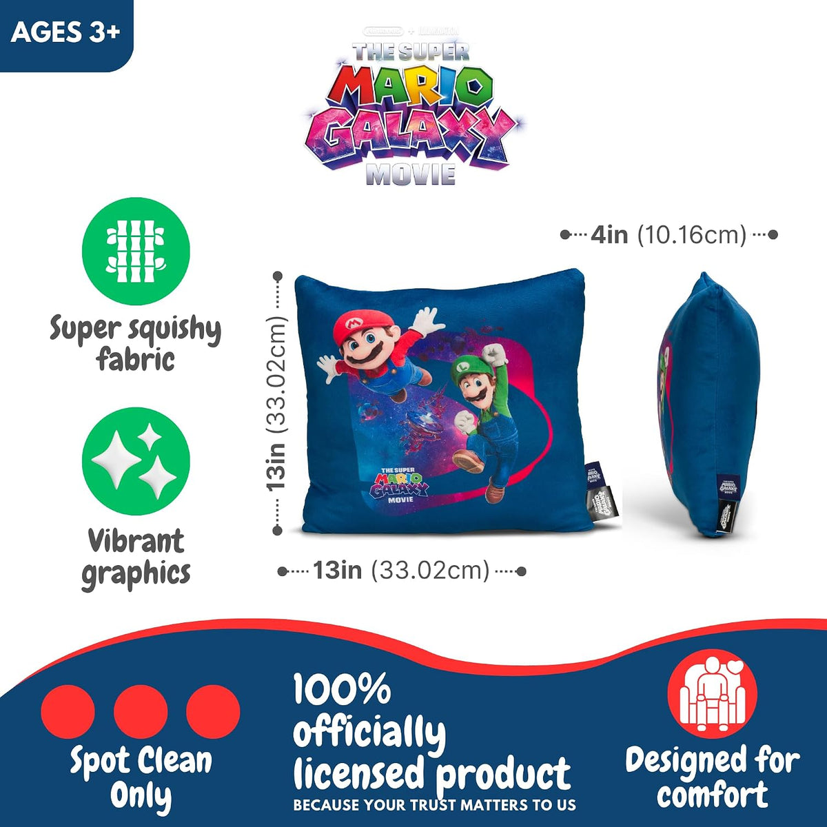 The Super Mario Galaxy Movie Kids Squishy Plush Throw Pillow, Soft Decorative Cushion for Bedroom Décor & Gifts, 13 Inch, Mario, Luigi & Princess Peach (100% Officially Licensed Product) by