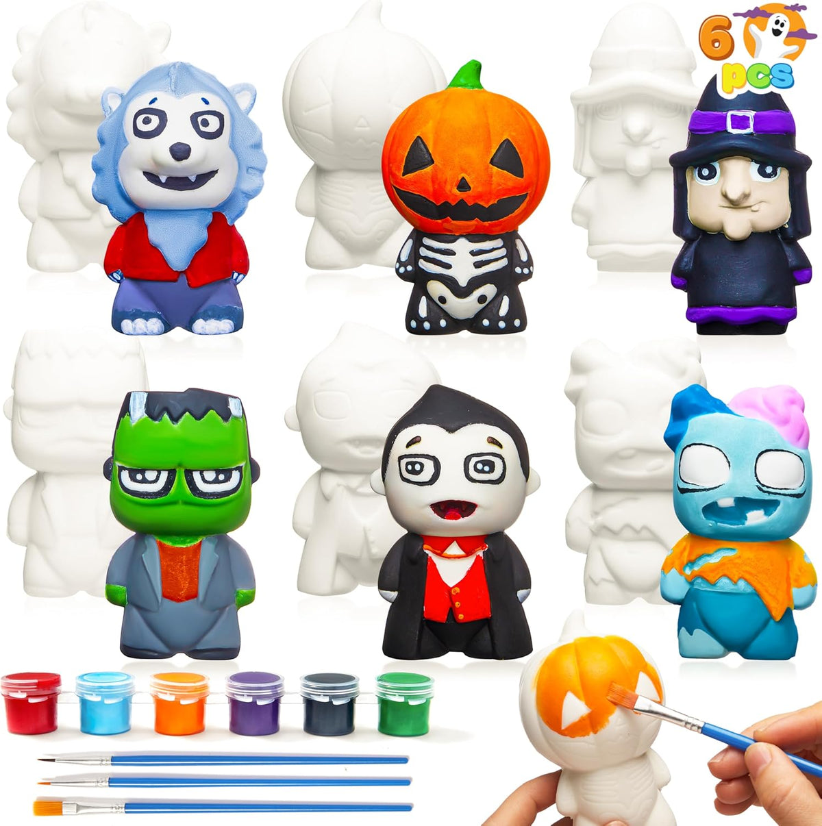 Halloween Squishy Toys Coloring Craft Kit with 6 Different Characters, 6 Colors Paints, and 3 Paintbrushes, Art Craft Painting Kit DIY Set Halloween Party Games for Kids Activities Party Favors