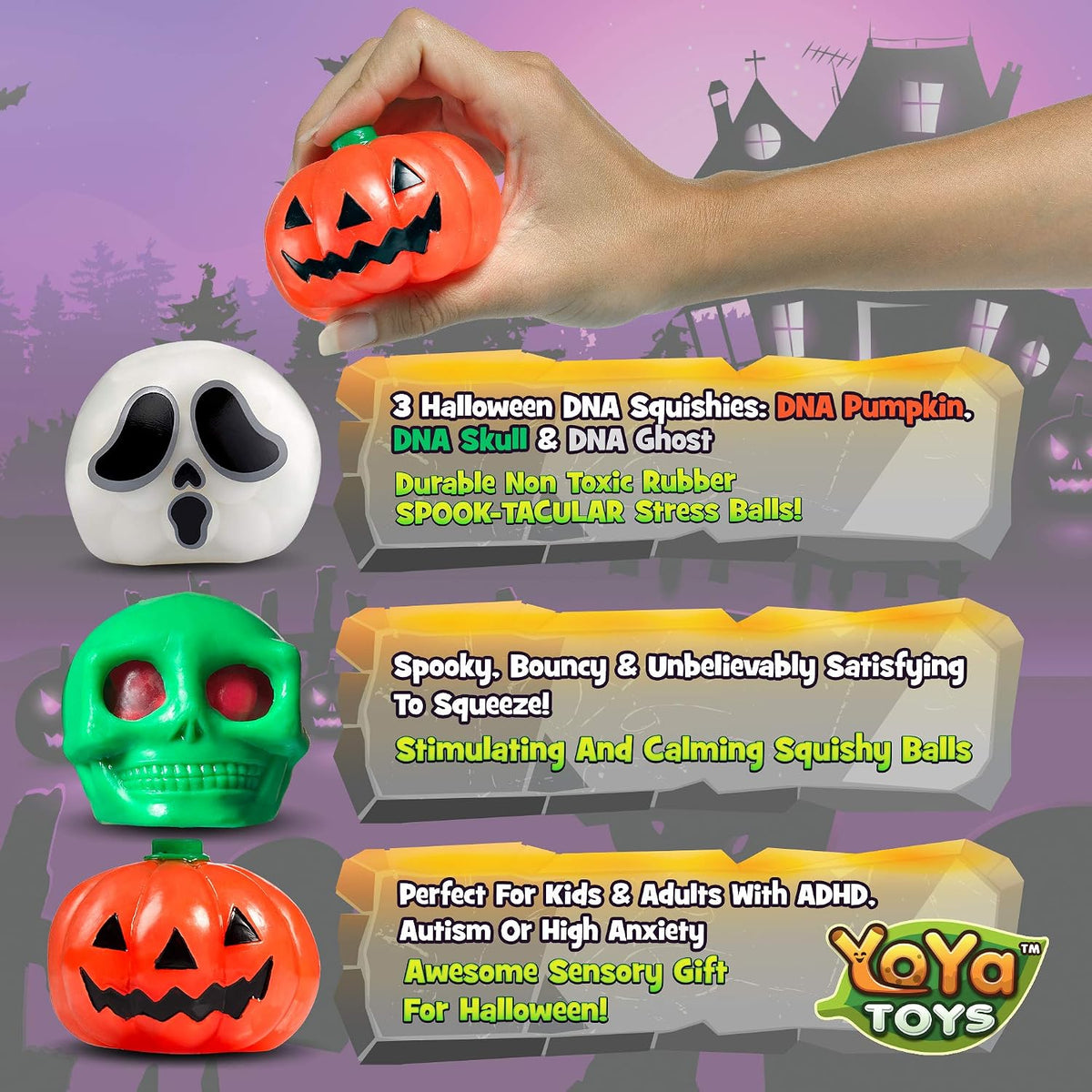 Spooky DNA Stress Balls (3 Pack) - Halloween Squishy Gift - Pumpkin, Ghost, Skull Squeeze Balls for Kids and Adults - Sensory Fidget Toy - Promote Anxiety, Stress Relief, Calm Focus and Play