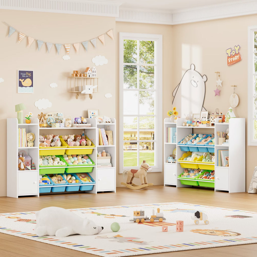 Kids Toy Organization Cubby Bookcase with 8 Bin, 2 Door White Storage Organizer Bookshelf for Children Room Playroom