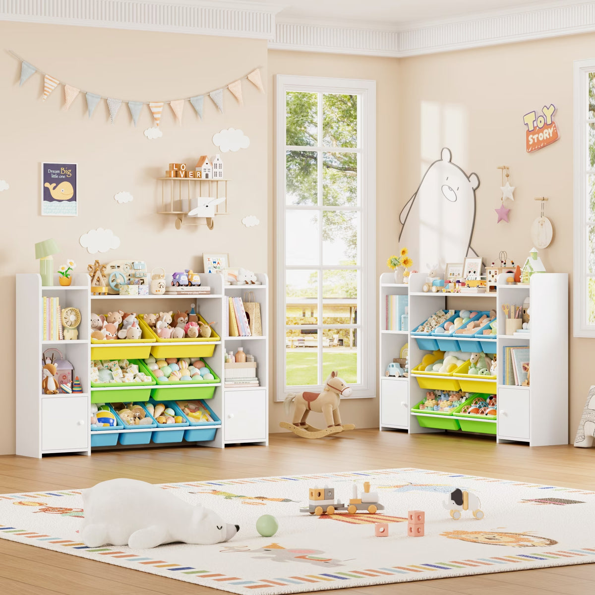 Kids Toy Organization Cubby Bookcase with 8 Bin, 2 Door White Storage Organizer Bookshelf for Children Room Playroom