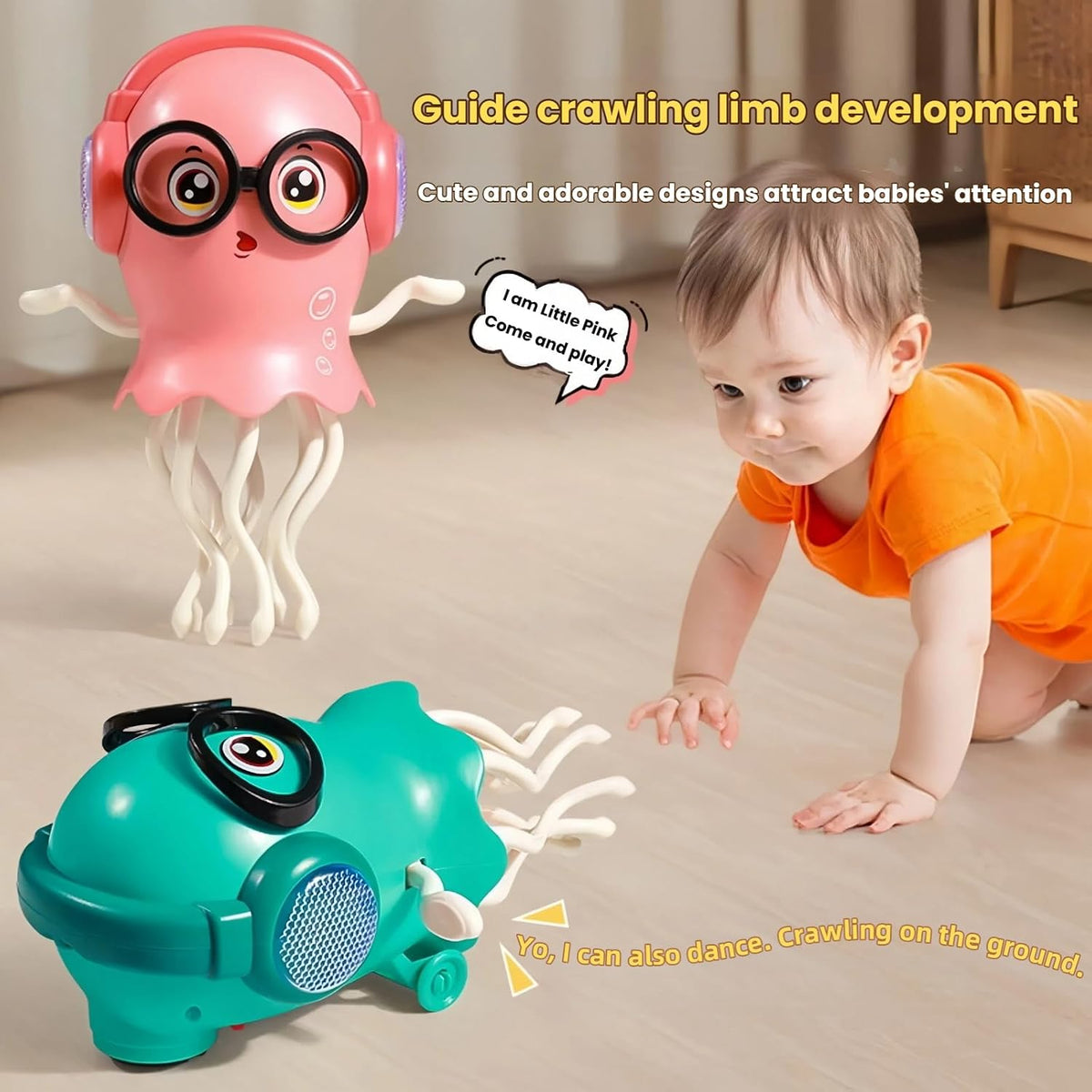 Interactive Dancing Jellyfish Toy for Kids – Musical LED Light Crawling Toy with Smart Obstacle Avoidance – Fun Birthday Gift for Toddlers & Preschoolers (Rose Pink)