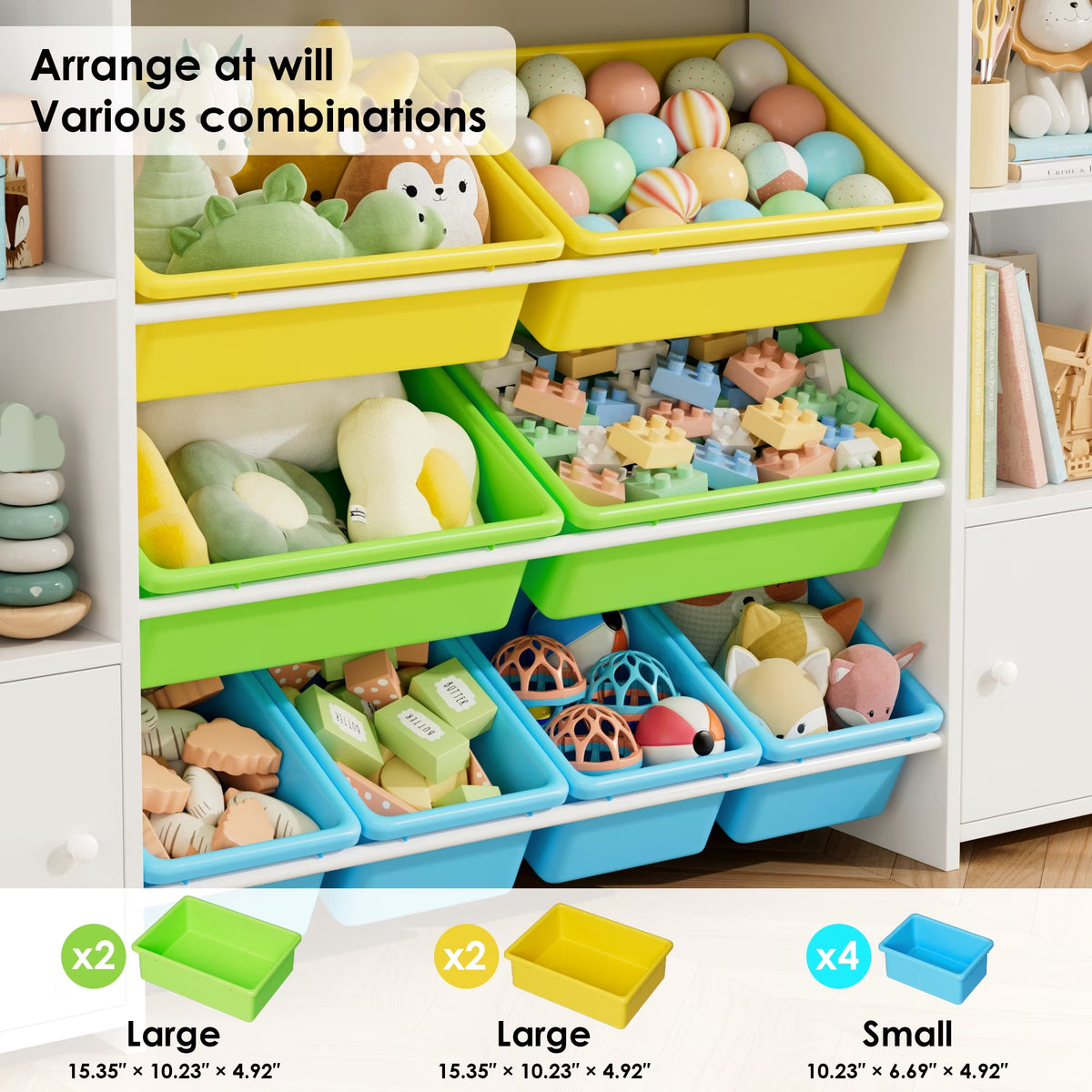 Kids Toy Organization Cubby Bookcase with 8 Bin, 2 Door White Storage Organizer Bookshelf for Children Room Playroom