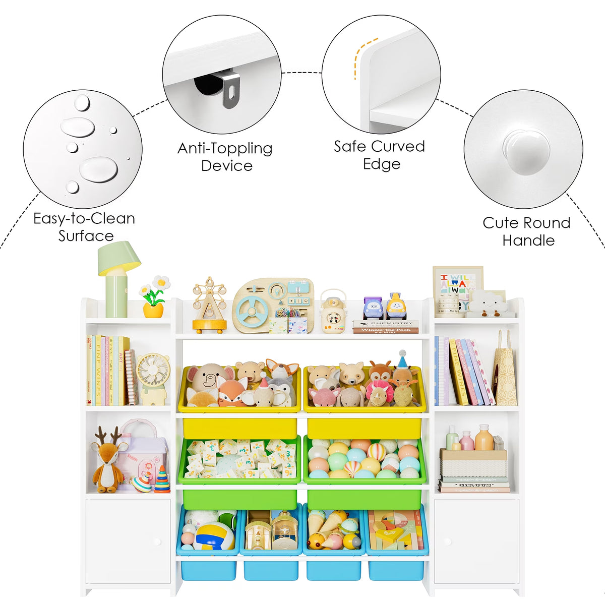 Kids Toy Organization Cubby Bookcase with 8 Bin, 2 Door White Storage Organizer Bookshelf for Children Room Playroom