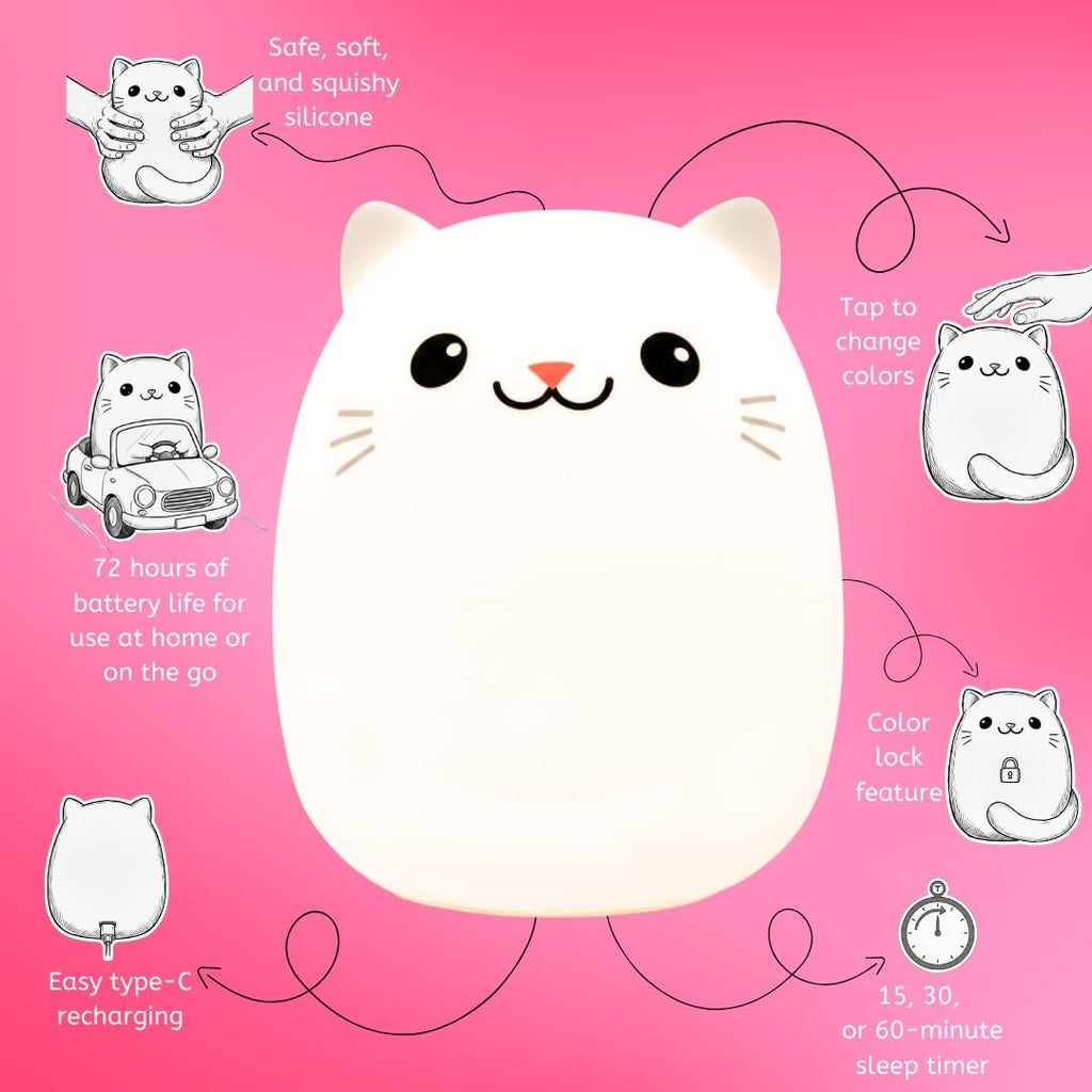 Cat Silicone Night Light for Kids, Squishy Lamp with Remote
