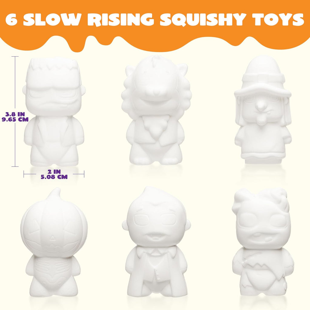 Halloween Squishy Toys Coloring Craft Kit with 6 Different Characters, 6 Colors Paints, and 3 Paintbrushes, Art Craft Painting Kit DIY Set Halloween Party Games for Kids Activities Party Favors