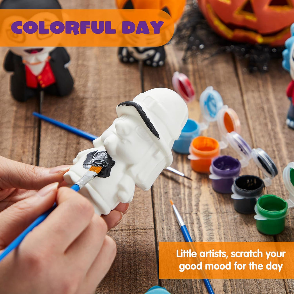 Halloween Squishy Toys Coloring Craft Kit with 6 Different Characters, 6 Colors Paints, and 3 Paintbrushes, Art Craft Painting Kit DIY Set Halloween Party Games for Kids Activities Party Favors